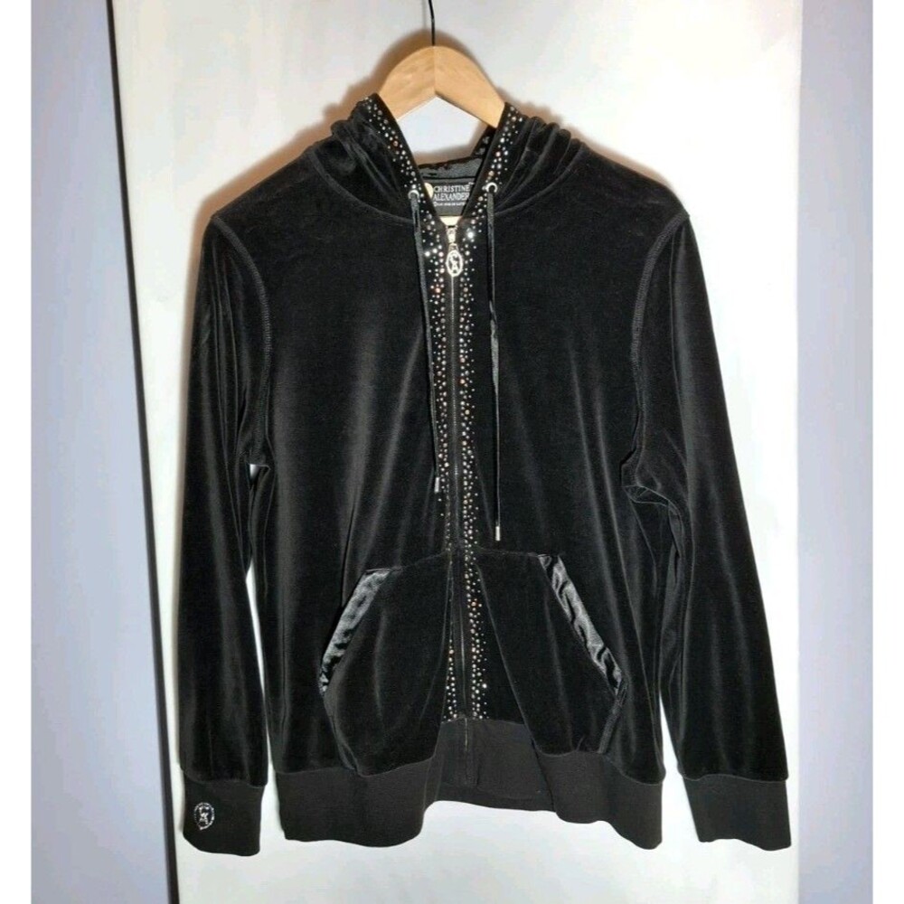 Christine Alexander Black Velour Rhinestone Embellished Zip Hoodie Jacket Sz XL